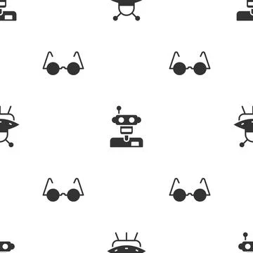 Set UFO flying spaceship, Robot and Eyeglasses on seamless pattern. Vector Illustrazione stock