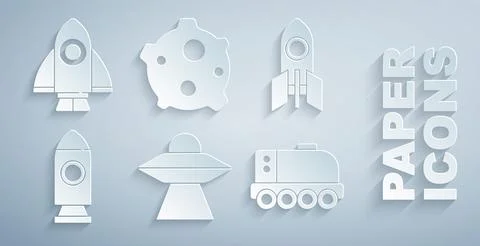 Set UFO flying spaceship, Rocket, Mars rover, Asteroid and icon. Vector 스톡 일러스트