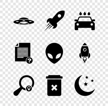 Set UFO flying spaceship, Rocket with fire, Car wash, Search location, Tras.. Stock Illustration