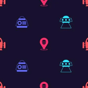 Set UFO flying spaceship, Space capsule, Alien and Rocket on seamless pattern Stockillustratie