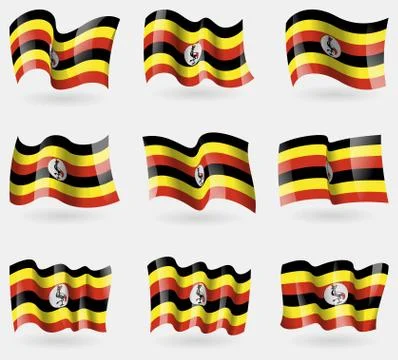 Set of Uganda flags in the air. Vector Stockillustratie