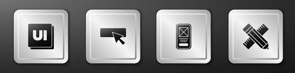 Set UI or UX design, , and Crossed ruler and pencil icon. Silver square button Stock Illustration