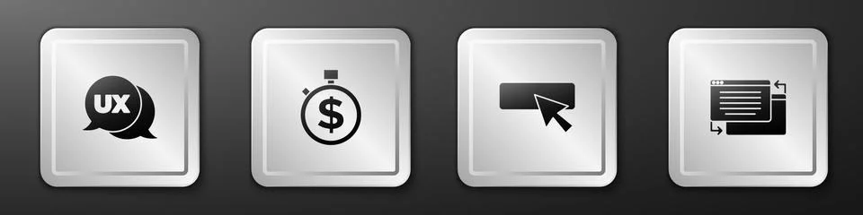 Set UI or UX design, Time is money, and icon. Silver square button. Vector Stock Illustration