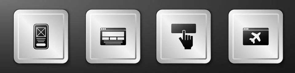 Set UI or UX design, , Keyboard and Website template icon. Silver square button Stock Illustration