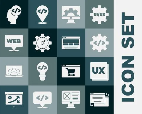 Set UI or UX design, Front end development, Web, Website statistic, and graphic 스톡 일러스트