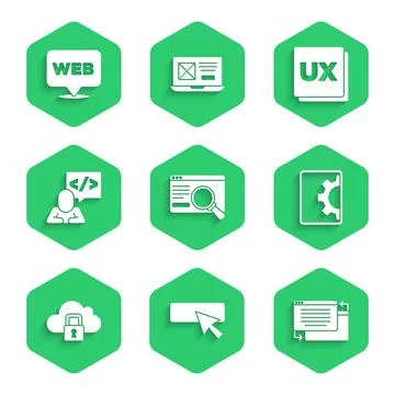 Set UI or UX design, Web development, Cloud computing lock, Front end, and and 库存插图
