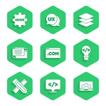 Set UI or UX design, Front end development, Web, Crossed ruler and pencil Illustrazione stock