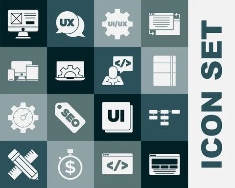 Set UI or UX design, Site map, Sketchbook album, Web development, Monitor Stock Illustration