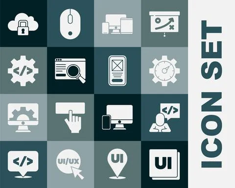 Set UI or UX design, Front end development, Website statistic, Monitor, mobile Stock Illustration