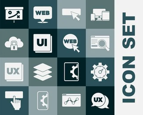 Set UI or UX design, Website statistic, Cloud computing lock, Planning strategy Stock Illustration