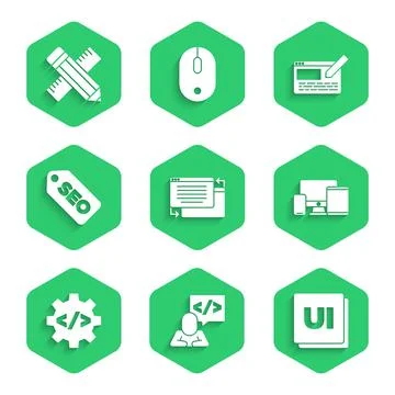 Set UI or UX design, Front end development, Monitor, mobile, tablet, SEO Stock Illustration