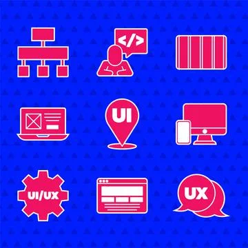 Set UI or UX design, Monitor and mobile, Color palette guide and Site map icon Stock Illustration