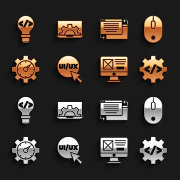 Set UI or UX design, Computer mouse, Front end development, Website statistic 스톡 일러스트