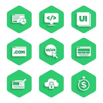 Set UI or UX design, Cloud computing lock, Time is money, and Website statistic Stockillustratie