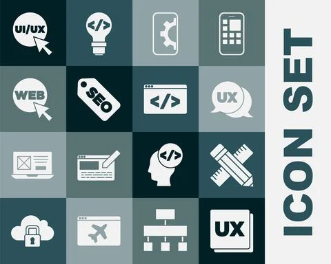 Set UI or UX design, Crossed ruler and pencil, Web development, SEO optimization Stock Illustration