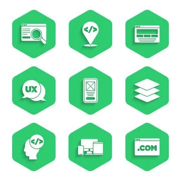 Set UI or UX design, Monitor, mobile, tablet, Layers, Front end development, and Stock Illustration
