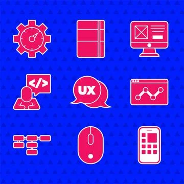 Set UI or UX design, Computer mouse, Mobile Apps, Website statistic, Site map Stock Illustration