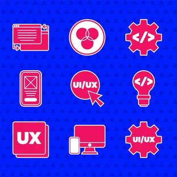 Set UI or UX design, Monitor and mobile, Front end development, and icon. Vector 스톡 일러스트