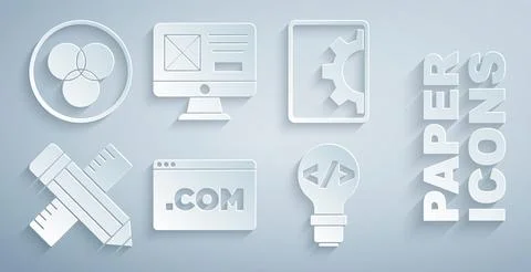 Set UI or UX design, Web development, Crossed ruler and pencil, Front end, and Illustrazione stock