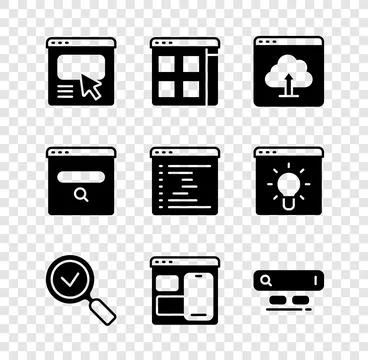 Set UI or UX design, Browser files, Cloud upload, Magnifying glass with che.. イラスト素材