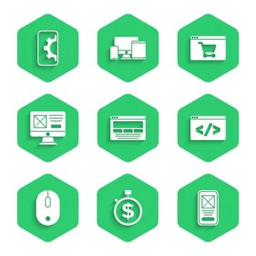 Set UI or UX design, Time is money, Front end development, Computer mouse, .. Illustrazione stock