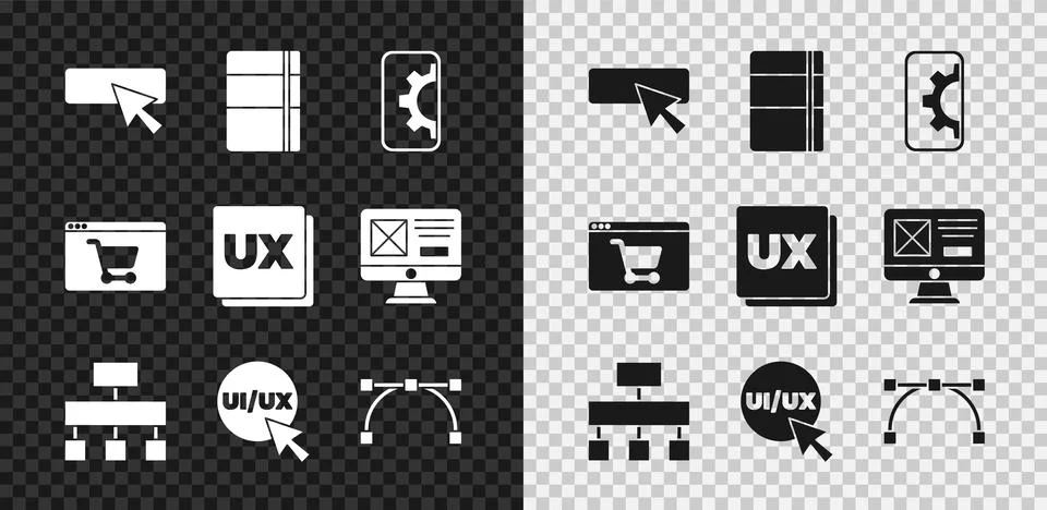 Set UI or UX design, Sketchbook album, Web development, Site map, Bezier cu.. Illustrazione stock