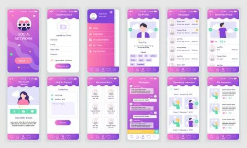 Set of UI, UX, GUI screens Social Network mobile app Stock Illustration