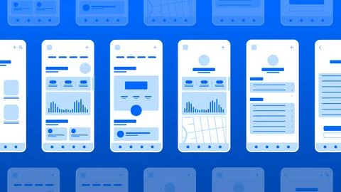 Set of UI UX Wireframes, GUI screens any app flat design template. Stock Illustration