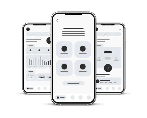 Set of UI UX Wireframes, GUI screens any app flat design template. Stock Illustration