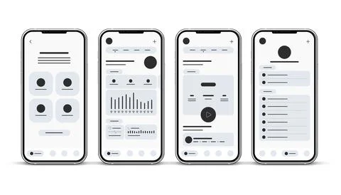 Set of UI UX Wireframes, GUI screens any app flat design template. Stock Illustration