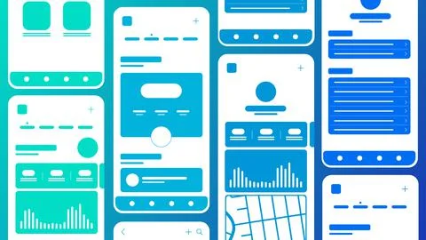 Set of UI UX Wireframes, GUI screens any app flat design template. Stock Illustration