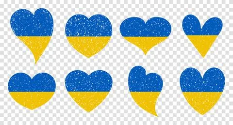 Set of Ukraine flag icon in the shape of hearts. Save Ukraine concept. Vect.. Illustrazione stock