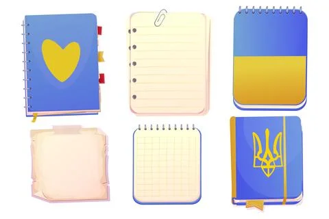 Set Ukrainian diary, note book in cartoon style top view, open, closed in blue Stock Illustration