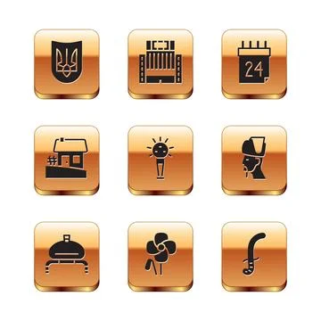 Set Ukrainian trident, Bread and salt, Poppy flower, Mace, house, Independence Illustrazione stock