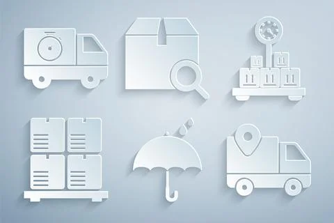 Set Umbrella and rain drops, Scale with cardboard box, Cardboard boxes on pallet Stockillustratie