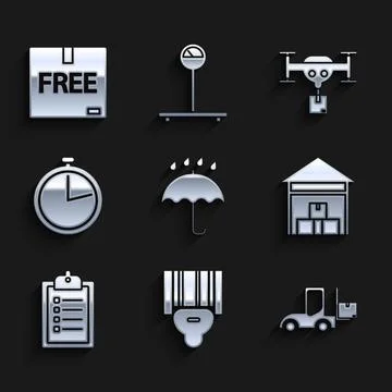 Set Umbrella and rain drops, Forklift truck, Warehouse, Verification of delivery Stock-Illustration