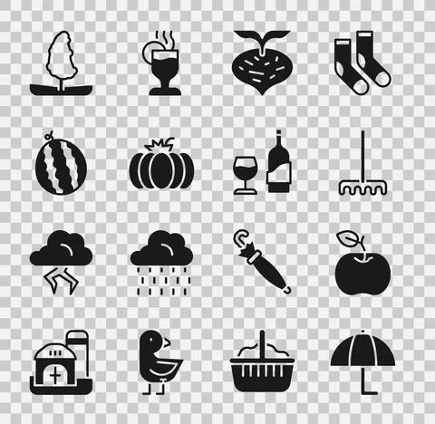 Set Umbrella, Apple, Garden rake, Beet, Pumpkin, Watermelon, Tree and Wine Stockillustratie