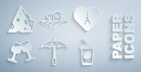 Set Umbrella for beach, Eiffel tower with heart, Wine glass, Coffee cup go 库存插图