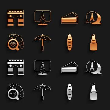 Set Umbrella for beach, Eiffel tower, Lipstick, French baguette bread, Coffee Stock Illustration