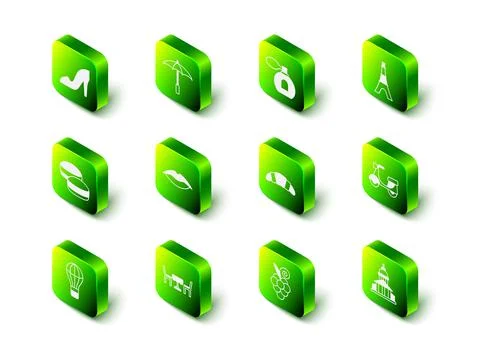 Set Umbrella for beach, Perfume, Eiffel tower, Scooter, Museum building Stock Illustration