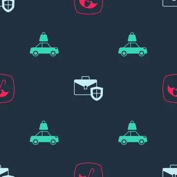 Set Umbrella, Briefcase with shield and Car insurance on seamless pattern Stock Illustration