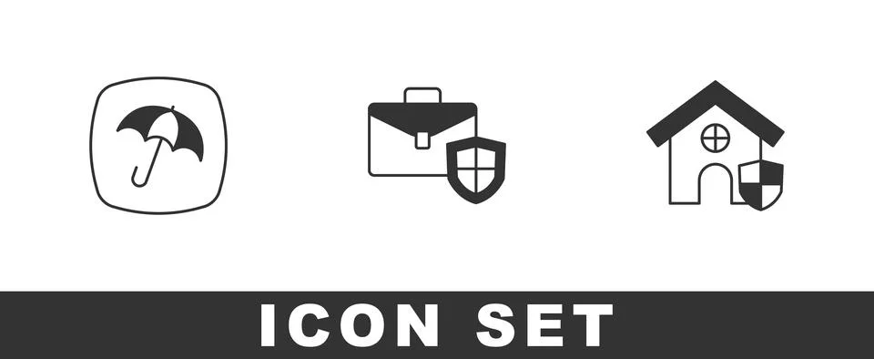 Set Umbrella, Briefcase with shield and House icon. Vector Stock Illustration