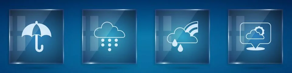 Set Umbrella, Cloud with rain, Rainbow cloud and and Location. Square glass Illustrazione stock