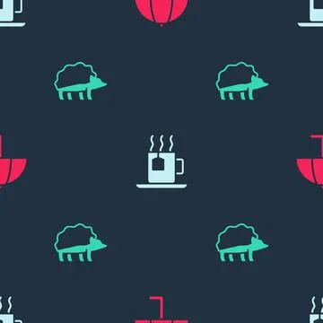 Set Umbrella, Cup of tea with tea bag and Hedgehog on seamless pattern. Vector Stock Illustration