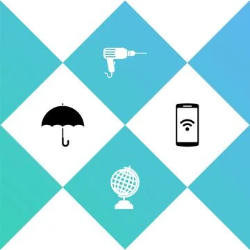 Set Umbrella, Earth globe, Drill machine and Smartphone with wireless icon Stock Illustration