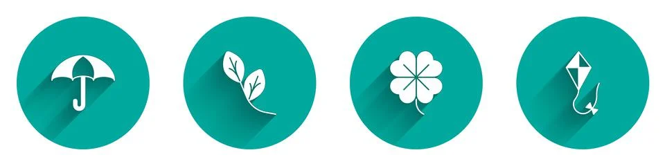 Set Umbrella, Leaf, Four leaf clover and Kite icon with long shadow. Vector Illustrazione stock