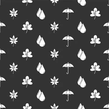 Set Umbrella, Leaf or leaves, Leaf or leaves and Water drop on seamless pattern Illustrazione stock