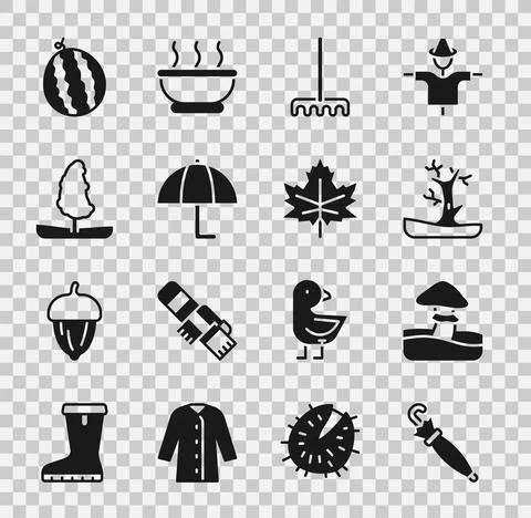 Set Umbrella, Mushroom, Bare tree, Garden rake, Tree, Watermelon and Leaf or Stockillustratie