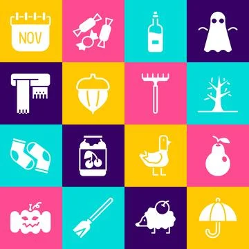 Set Umbrella, Pear, Bare tree, Bottle of wine, Acorn, Winter scarf, November Stockillustratie