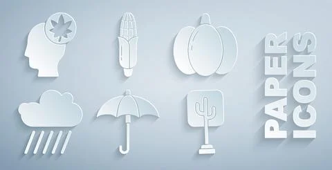 Set Umbrella, Pumpkin, Cloud with rain, Tree, Corn and Human head leaf icon Stock Illustration